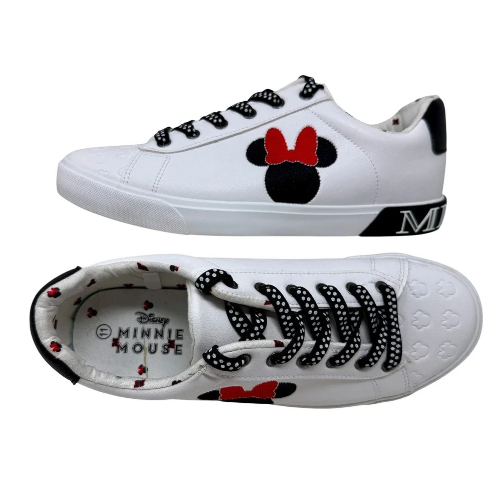 Disney Minnie Mouse White Low Top Sneakers Polka Dot Laces Women's Size 11